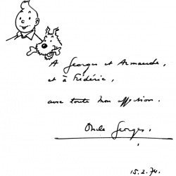 Dédicace d'Hergé à son neveu Georges Rémi Jr, auteur d'une biographie post-mortem de son oncle (éd. de l'Archipel).